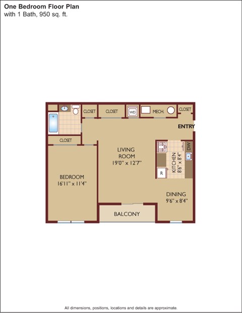 Floor plan for 1 bed, 1 bath, 835 sqft